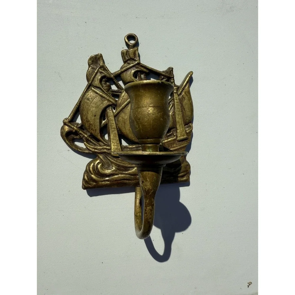 Vintage Brass Hanging Ship‎ Plaque Candle Holder Nautical